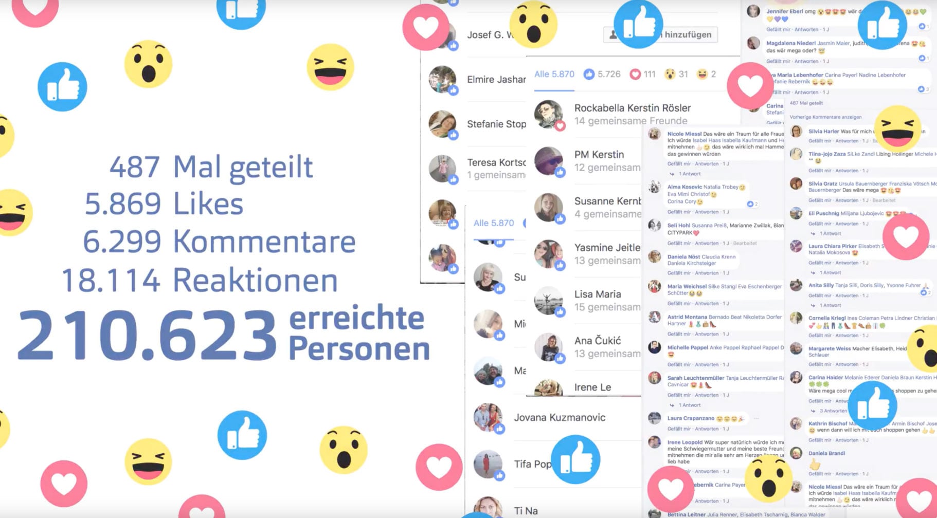 icons: Herz, Like, Smilies, Facebook seite mit 210.623 erreichten Personen