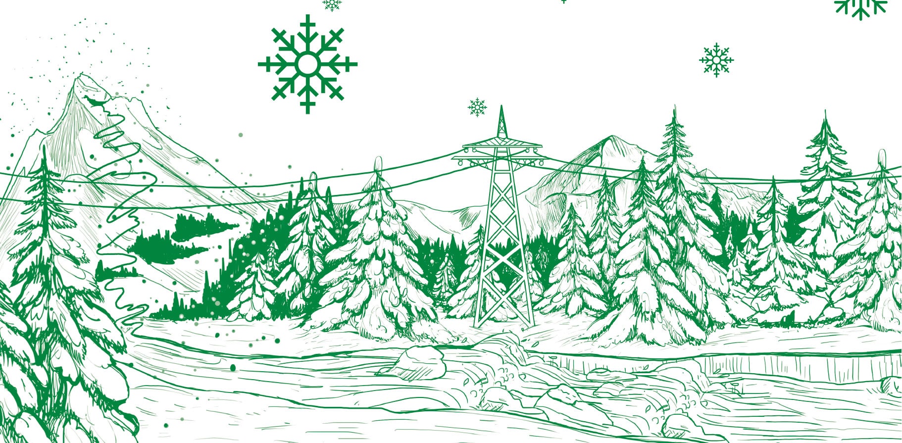 Zeichnung: Landschaft, Berge, Fluss, Strommast, Schneeflocken alles in grün weiß