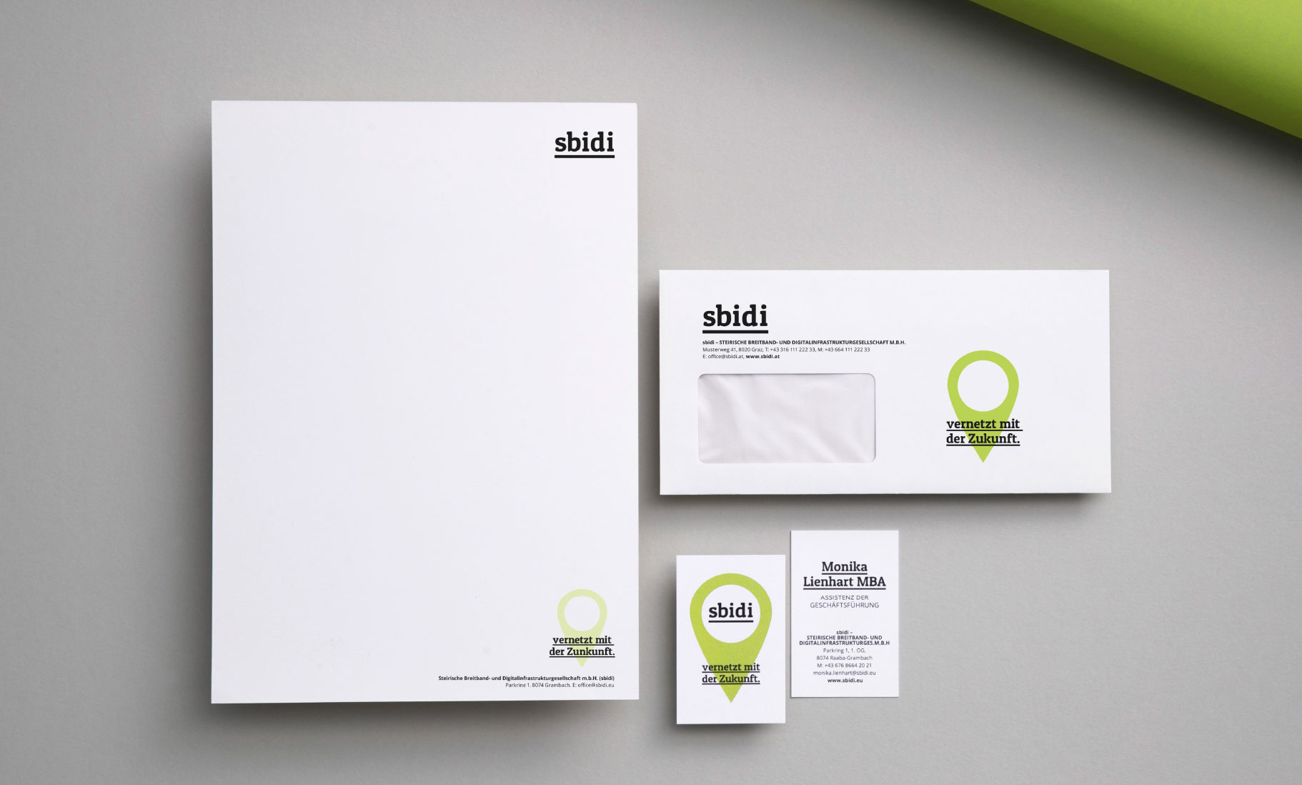 Briefpapier, Briefkuvert, Visitenkarten mit Logo von sbidi